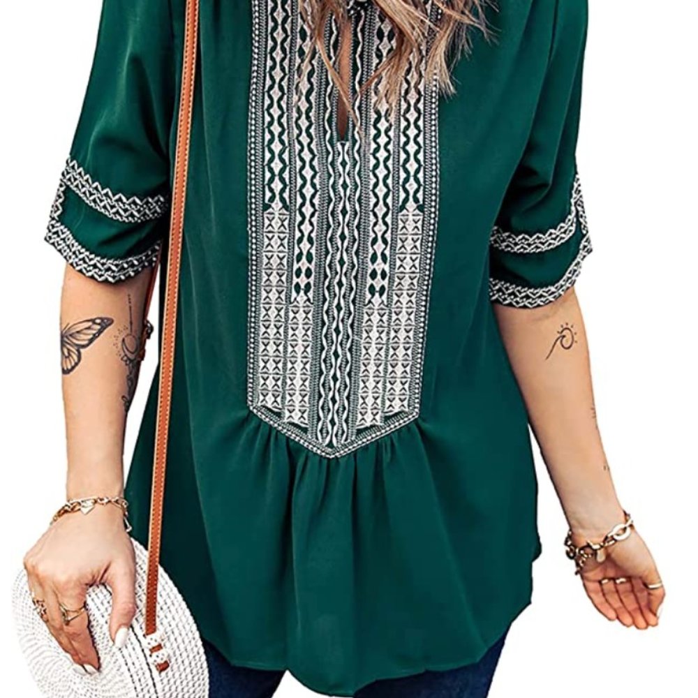 V Neck Shirt Boho Embroidered Print Short Sleeve